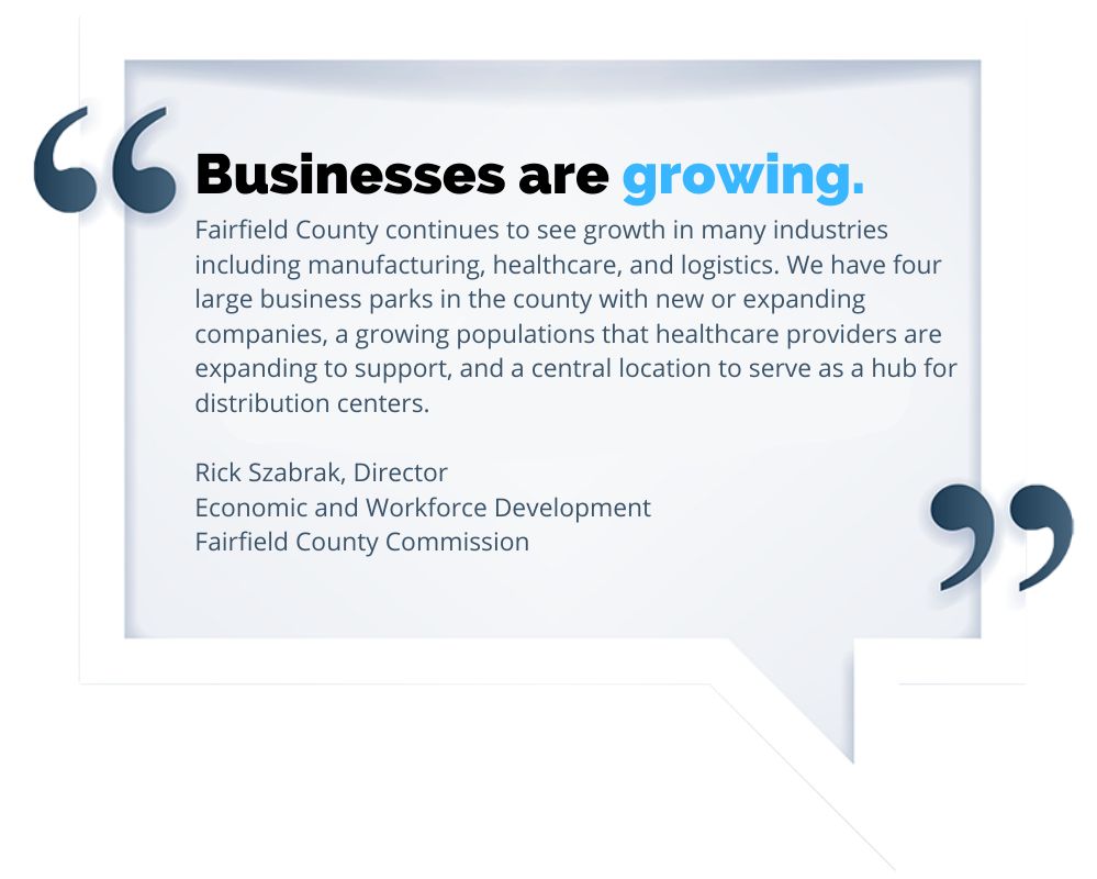 Businesses are growing. Fairfield County continues to see growth in many industries including manufacturing, healthcare, and logistics. We have four large business parks in the county with new or expanding companies, a growing populations that healthcare providers are expanding to support, and a central location to serve as a hub for distribution centers. Rick Szabrak, Director, Economic and Workforce Development, Fairfield County Commission.